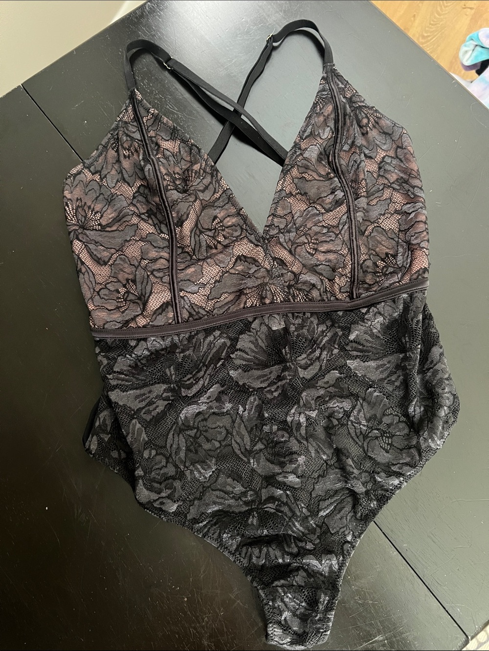 Auden Black Floral Lace Chemise with Pink Lining